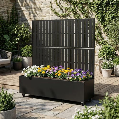 Metal Raised Garden Bed with Trellis and Wheels, 47"x47"x16" (Black-Fence) - color: Black-fence, size: 47"x47"x16"