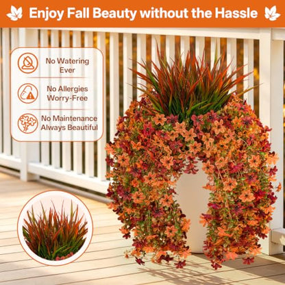 7PCS Artificial Fall Hanging Flowers for Outdoor, Six-Petaled Faux Mums - color: Orange Red