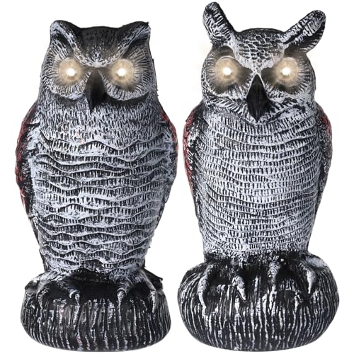 Qualirey 2 Pcs Fake Owl Decoys to Scare Birds Away with Glowing Eyes Battery Operated Fake Plastic Horned Owl Bird Scarecrow Decoy Bird Repellent Large Pigeon Deterrent for Yard Garden