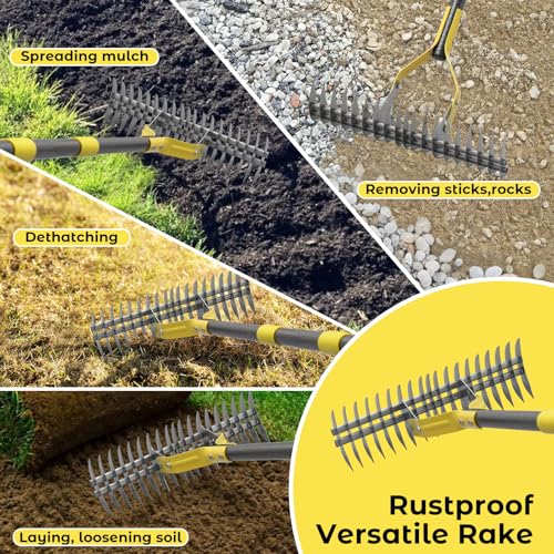 Thatch Rake,69 Inch Garden Thatching Rake for Grass Removal, 15 Inch Wide Heavy Duty 19 Teeth Steel Metal Garden Leaf Rakes,Landscaping Raking Garden Tools for Lawn Care Loosening Leveling Soil Mulch - style: Black-69"