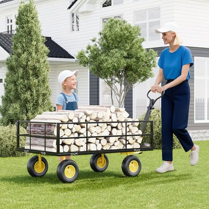 Steel Garden Cart on Wheels, 1400 Lbs Heavy Duty Yard Utility Wagon with Removable Mesh Sides, All Terrain Pneumatic Tires, Durable Metal Frame for Lawn, Garden, Farm - Black Yellow - color: Black+yellow, size: 1400LBS