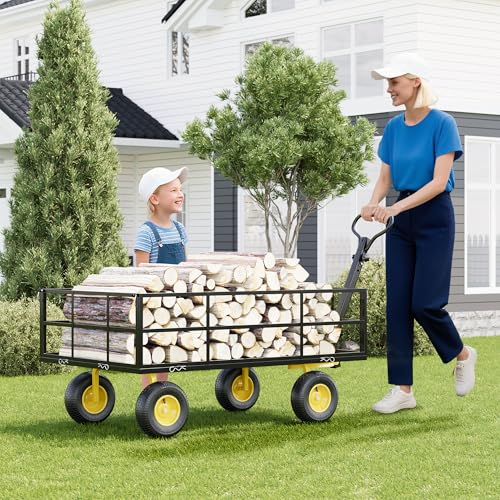 3-in-1 Heavy-Duty Steel Garden Cart, 1200 Lbs Garden Wagon, with 13 Inch All-Terrain Tires and Removable Mesh Side Panels, 180° Rotating Handle, Metal Multi-Function Carts, Outdoor Gardens Wagon Cart - color: Black + Yellow, size: 1200 Lb