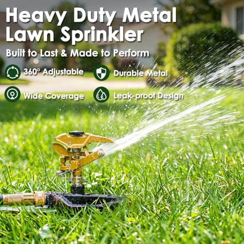 FANHAO 100% Metal Impact Lawn Sprinkler for Yard, Covers Up to 5800 sq. Ft - color: Black