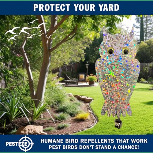 PESTEZE USA Owl Bird Deterrent Reflective Hanging Decoy Repellent with Bell, 4 Pack 6 x 13.5 in Shiny Scare Device Keep Birds Away Outdoor Porch Garden Yard Patio Protect Property