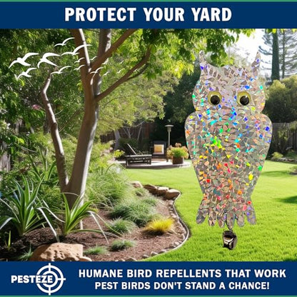 PESTEZE USA Owl Bird Deterrent Reflective Hanging Decoy Repellent with Bell, 4 Pack 6 x 13.5 in Shiny Scare Device Keep Birds Away Outdoor Porch Garden Yard Patio Protect Property