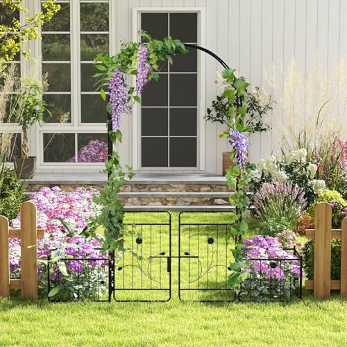 S AFSTAR 87-Inche Garden Arbor with Gate & Side Planter Box, Metal Garden Arch with Lockable Gate, Arched Top Arbour, Heavy-Duty Arched Trellis Archway for Climbing Plants Grape Vines Wedding Ceremony