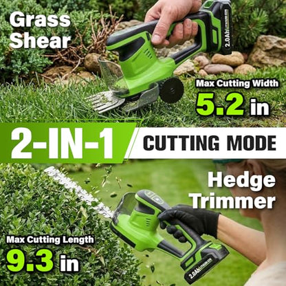 FULLYEA 2-in-1 Hedge Trimmer Cordless, Electric Bush Trimmer & Hedge Shears, Lightweight Grass Cutter with 2 * 2.0Ah Batteries & Charger, Battery Grass Trimmer, Handheld Shrub Trimmer Garden Tools