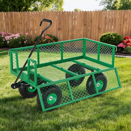 Heavy Duty Steel Garden Cart - 500 LBS Capacity Utility Wagon, Removable Sides, 10" Wheels, Flexible Handle for Yard, Lawn, Outdoor Gardening, 3-in-1 Design - Green, 500 Pounds | Pantone 355C - color: Green, size: 500 LBS