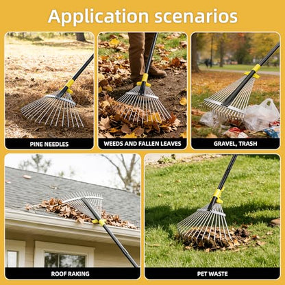 Byhargen Adjustable Metal Leaf Rake, Heavy Duty Garden Rake with Wide & Narrow Modes, Rustproof Steel Head, Adjustable Handle for Lawn Care, Yard Clean Up, and Mulch Spreading