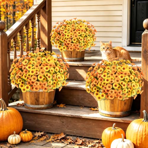12 PCS Artificial Mums for Outdoors, UV Resistant Fake Fall Flowers - color: Yellow + Orange