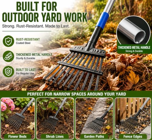 Garden Leaf Rake, 8.5" Head, 36-74 " Adjustable Handle, Sturdy Steel Tines - color: silver, size: 11tine