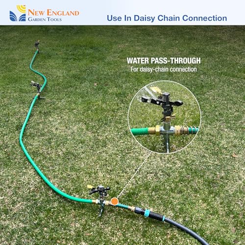Impact Pulsating Sprinkler 300009 on Metal Step Spike, 70 ft Diameter Reach, 360° Range Control to Cover up to 3,900 Sq Ft for Farm, Lawn and Garden Irrigation, by New England Garden Tools