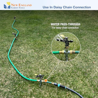 Impact Pulsating Sprinkler 300009 on Metal Step Spike, 70 ft Diameter Reach, 360° Range Control to Cover up to 3,900 Sq Ft for Farm, Lawn and Garden Irrigation, by New England Garden Tools