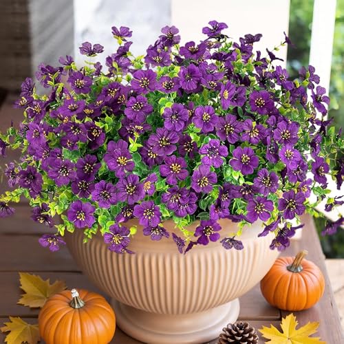 HyeFlora Artificial Flowers for Outdoor Indoor Garden Home Decoration, Faux Flower Daisy with Eucalyptus Leaves Fake Plants Greenery Boxwood Porch Patio, 12 Bundles (Purple 2) - color: Purple 2