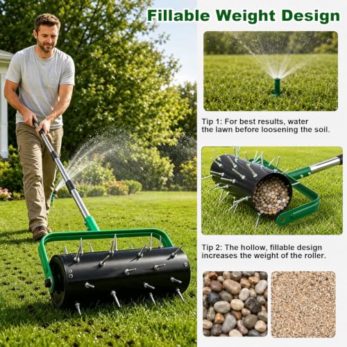 15" Rolling Lawn Aerator, Heavy Duty Push Spike Aeration Tool with 42 Spikes, Filled Pull Behind Garden Drum Roller with 71" Adjustable Handle, Soil Penetrator Push Lawn Aeration for Garden Yard Farm