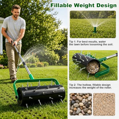 15" Rolling Lawn Aerator, Heavy Duty Push Spike Aeration Tool with 42 Spikes, Filled Pull Behind Garden Drum Roller with 71" Adjustable Handle, Soil Penetrator Push Lawn Aeration for Garden Yard Farm