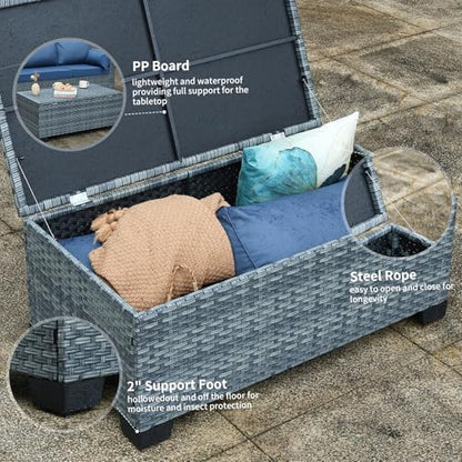 Outdoor Storage Table Wicker Patio Coffee Table All-Weather Rattan Side Table with Waterproof Cover, Grey - color: Grey