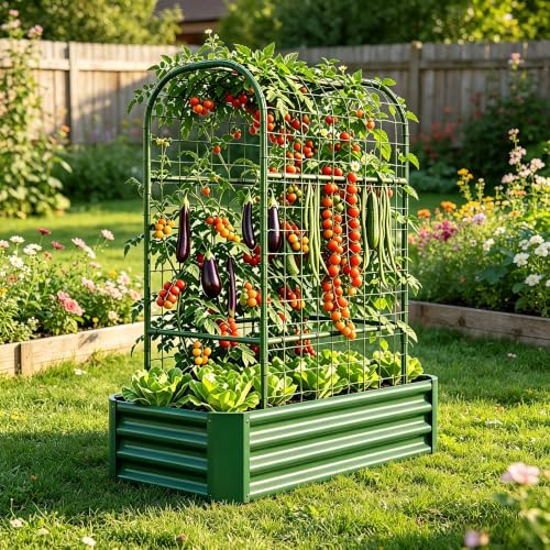 Raised Garden Bed with Arched Trellis, Green - color: Green