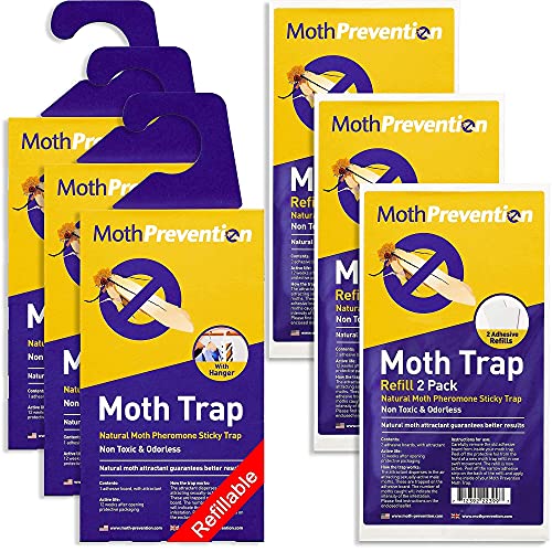 Powerful Clothes Moth Traps + Replacement Strips (9 Strips in Total) - Traps & Refills by MothPrevention - for Indoors, Home, Closets & Clothing