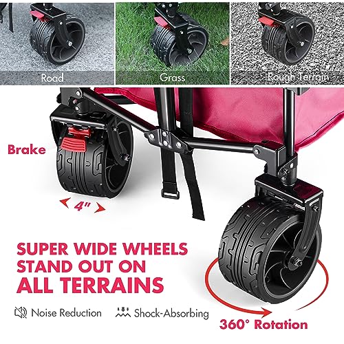 VILLEY Collapsible Folding Wagon with Big Wheels, Enlarged 225lbs Capacity, All Terrain Wagons Carts Heavy Duty Foldable, Portable Utility Garden Cart with 2 Cup Holders and Brake, Pink. - color: Pink