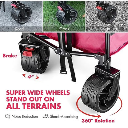 VILLEY Collapsible Folding Wagon with Big Wheels, Enlarged 225lbs Capacity, All Terrain Wagons Carts Heavy Duty Foldable, Portable Utility Garden Cart with 2 Cup Holders and Brake, Pink. - color: Pink