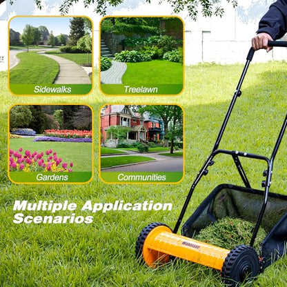 Walensee 16-Inch 5-Blade Push Reel Lawn Mower, Cordless Manual Reel Lawn Mower Walk-Behind Steel Lawn Mowers with Removable 7.9-Gallon Grass Catcher, Sponge Grip, 4-Position Cutting Height Adjustment - size: 16-Inch With Catcher