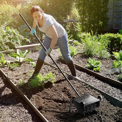 Lineware 9-Inch Lawn Aerator with Steel Handle,Heavy Duty Push Spike Aerator with 2 Wheels,Aerator Lawn Tool, Manual Aerator Lawn Tool with Foam Armrests, Suitable for Lawn, Garden and Yard