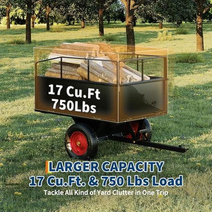 750 LBS Capacity ATV Trailer Tow Behind Steel Dump Cart | 17 Cubic Feet Heavy Duty Steel Utility Trailer with Removable Sides & All-Terrain Tires | for Lawn Tractor, ATV, Garden Mower