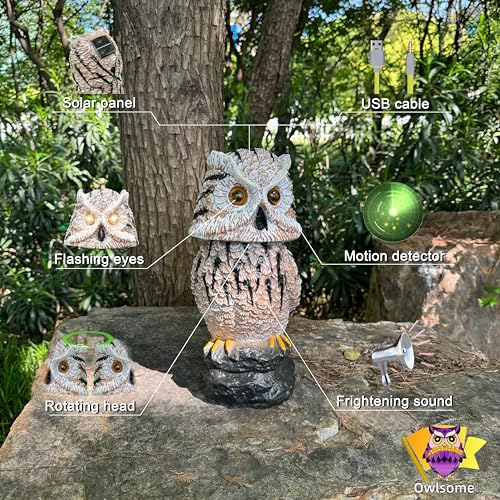 Owlsome Solar Tiger Owl with Flashing Eyes, Rotating Head, Hoot Sound, Motion Detector and Silent Mode, Plastic Owl Garden Sculpture, Garden Decoration