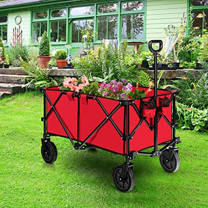 Goplus Collapsible Wagon, Folding Utility Wagon Cart w/Universal Wheels & Adjustable Handle & Cover Bag, Grocery Wagon for Garden Shopping Camping (Red) - color: Red