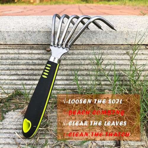 Garden Rake 5-Claw Landscape Dethatcher Thatching Beach Combing Rake for Digging Clam Shell Defoliation Hoe Garden Tool for Loosen The Soil (Green) - color: Green