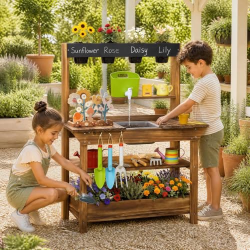 GLACER Mud Kitchen for Kids Outdoor, Fir Wood Potting Bench