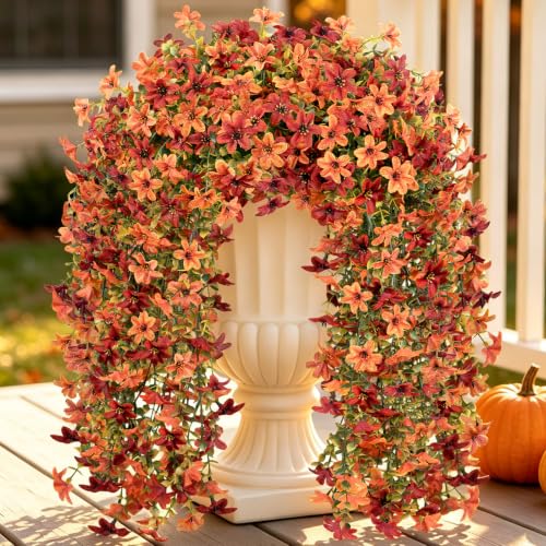 10PCS Artificial Fall Hanging Flowers for Outdoor Realistic hanging Mums - color: Orange-red-b