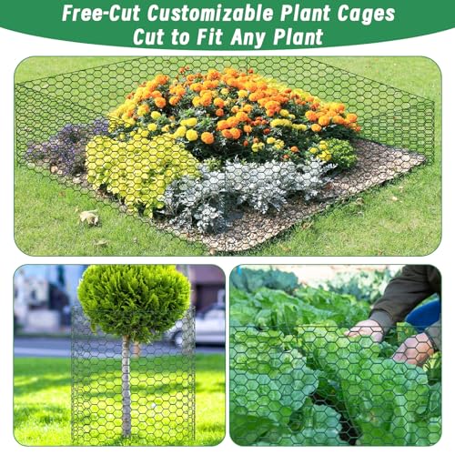 Plant Protectors from Animals, 16.4 x 16In Green PVC Coated Galvanized Chicken Wire Mesh Roll, 0.8mm Free-Cut Plant Cage with Ties, Stakes, Gloves, Pliers & Floral Wire (33Ft*23.6In(23.6X 394 Inch)) - size: 33Ft*23.6In