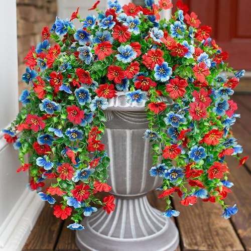 Artificial Faux Hanging Flowers Plants for Spring Outdoor Outside Decoration, 2 PCS Fake Silk Daisy with Eucalyptus UV Resistant Realistic Trailing Vines for Balcony Patio Porch (BlueRed) - color: Bluered