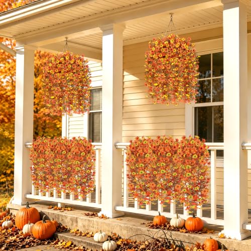 6 Pcs Artificial Hanging Mums for Outdoors, UV Resistant Fake Fall Flowers - color: Yellow Orange
