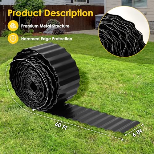 Vehipa Corrugated Garden Edging for Landscaping 6" x 60 Ft Metal Black - color: Black, size: 6Inches x 60FT