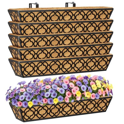 HFHOME 30 Inch Railing Planter Box with Coco Liners and Adjustable Brackets for Porch, Fence, Patio, Balcony Hanging Flower Railing Baskets, Outdoor Garden - 6 Packs - size: 30"-6P Flower