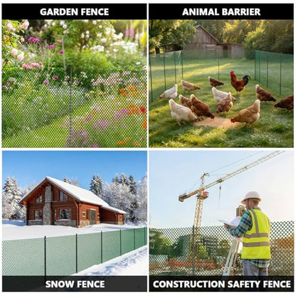 Plastic Chicken Wire Mesh Fence with Metal Stakes, 39.4in x 82ft - color: Green Diamond Grid