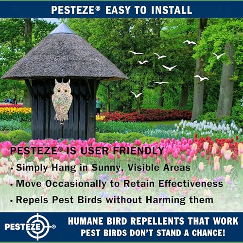 PESTEZE USA Owl Bird Deterrent Reflective Hanging Decoy Repellent with Bell, 4 Pack 6 x 13.5 in Shiny Scare Device Keep Birds Away Outdoor Porch Garden Yard Patio Protect Property