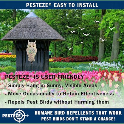 PESTEZE USA Owl Bird Deterrent Reflective Hanging Decoy Repellent with Bell, 4 Pack 6 x 13.5 in Shiny Scare Device Keep Birds Away Outdoor Porch Garden Yard Patio Protect Property