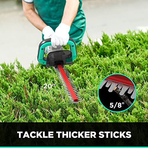 Litheli 20V Cordless Hedge Trimmer, 20-Inch Dual-Action Laser-Cut 65Mn Steel Blade Cuts 5/8'' Thick Branches, 2.0Ah Battery Up to 25 Mins Runtime, Lightweight 4.6 lbs for Garden Shrub Care - color: Green