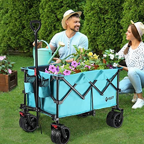VILLEY Collapsible Folding Wagon with Big Wheels, All Terrain Beach Wagon Cart Heavy Duty Foldable, Enlarged 225lbs Capacity, Portable Utility Garden Cart with 2 Cup Holders and Brake, Blue - color: Blue