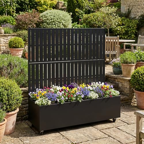 Metal Raised Garden Bed with Trellis and Wheels, 47"x47"x16" (Black-Fence) - color: Black-fence, size: 47"x47"x16"