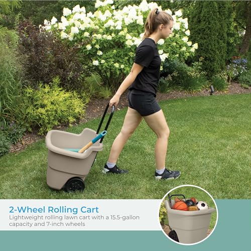 Suncast Garden Cart on Wheels, Taupe 15.5-Gallon Resin Outdoor Utility Yard Cart for Seniors, Lightweight 2 Wheel Wheelbarrow with Easy Mobility for Gardening, Firewood & Laundry, Made in the USA - size: 1 Pack