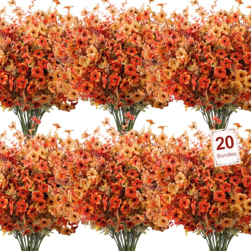 20 Pcs Artificial Fall Flowers for Outdoors Fake Mums, Mixed Orange - color: Yellow Orange