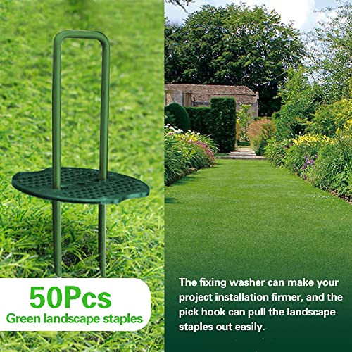 Bakulyor 50pcs Green Artificial Turf Stakes Staples + 50pcs Buffer Washer, 6 Inch 11 Gauge Landscape Staples, Galvanized Lawn Spikes, Heavy Duty Yard Ground Pin for Grass Weed Barrier Sod Fabric - color: Green