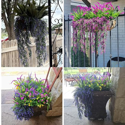 RECUTMS 4Pcs Artificial Purple Hanging Lavender Fake Plants for Outdoors - color: Purple