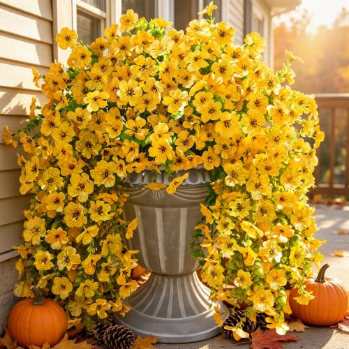 INSPRING Artificial Flowers Fall Faux Outdoor Outside Plants, 2 PCS Fake Silk UV Resistant Look Real Yellow Daisy Trailing Vines for Front Door Porch Planter Urn Patio Balcony Decoration - color: Yellow