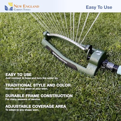 Oscillating Sprinkler 100006, Adjustable Pattern to Cover Up to 2,695 Square Feet, 17 Brass Nozzles on Metal Tube for Even Lawn Watering, by New England Garden Tools